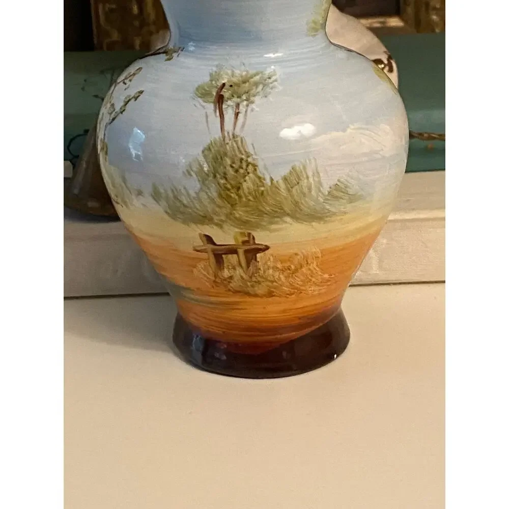 Vintage handpainted Spanish vase Cottage scene 20th Century